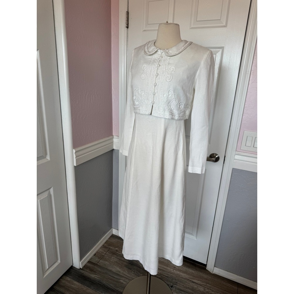 karin stevens White Long Sleeve Midi Dress Soutache Embroidery Collar Bolero 6P - Picture 3 of 16